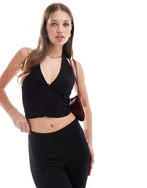 Pull&Bear - Sort halterneck-top i bengalin med hægtelås