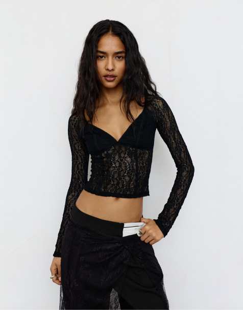 Pull&Bear - Sort korset-inspireret top i blondestof - view 1