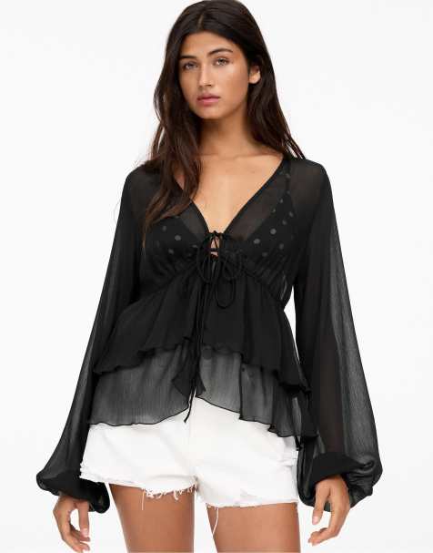 Pull&Bear - Sort løstsiddende bluse med flæser - view 1