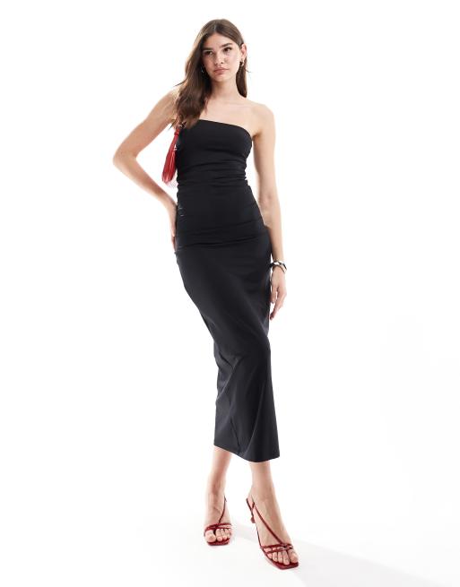 Pull&Bear - Sort midikjole med formende bandeau-snit i polyamid
