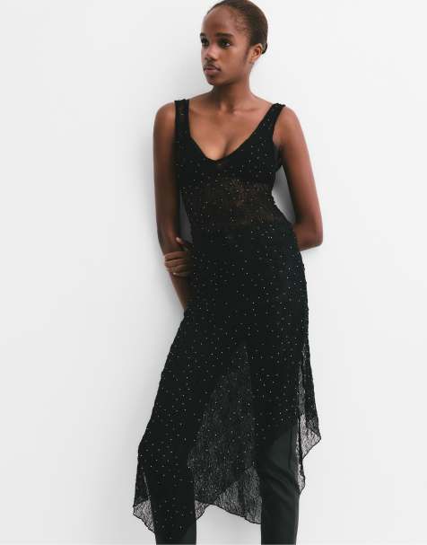 Pull&Bear - Sort midikjole med glimmer i blondestof - view 1