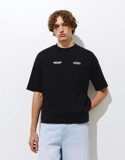 Pull&Bear - Sort oversized T-shirt med grafik - view 1