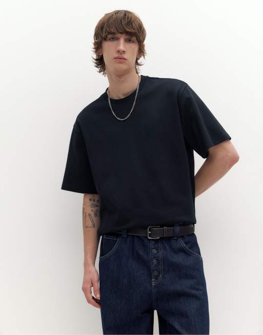 Pull&Bear - Sort oversized T-shirt med interlock-syninger i firkantet pasform