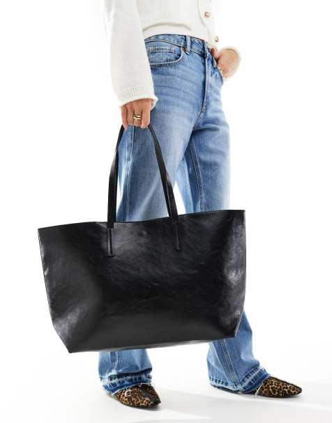 Pull&Bear - Sort oversized tote-taske i imiteret læder - view 1