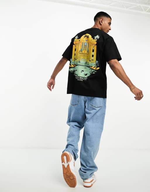 Pull&Bear - Sort resort-T-shirt med tropisk print