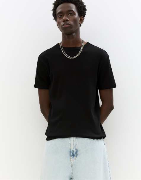 Pull&Bear - Sort ribstrikket T-shirt med korte ærmer - view 1