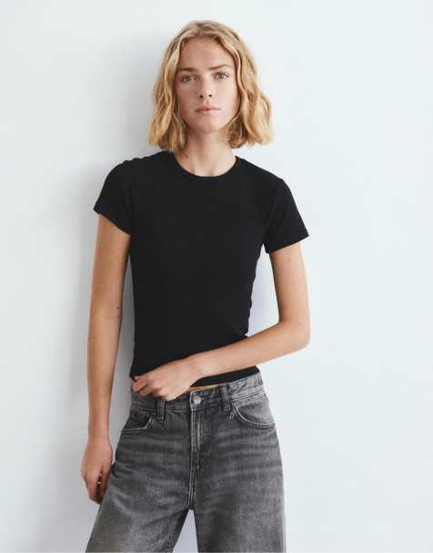 Pull&Bear - Sort ribstrikket T-shirt med korte ærmer - view 1