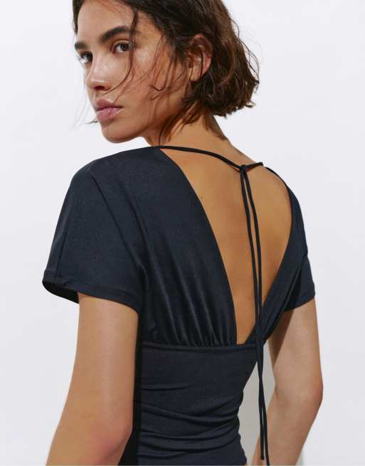 Pull&Bear - Sort rynket overdel med V-hals, 3 af 7