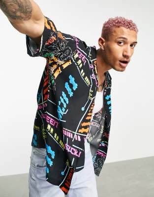 Pull&Bear - Sort skjorte med flere aztek-print - Del af sæt
