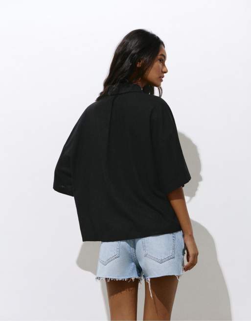 Pull&Bear - Sort skjorte med korte ærmer i hørblanding, 4 af 4
