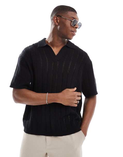 Pull&Bear - Sort strikket poloskjorte - view 1