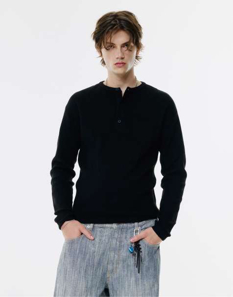 Pull&Bear - Sort sweater i henley-stil - view 1