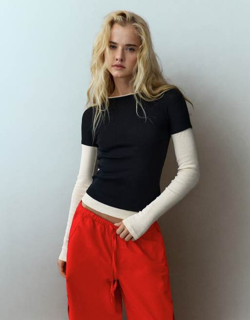 Pull&Bear sort T-shirt med dobbelte ærmer, 3 af 7