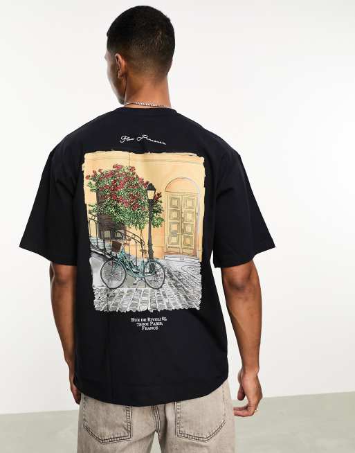 Pull&Bear - Sort T-shirt med print af gadescene