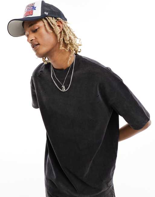 Pull&Bear - Sort T-shirt med slitage