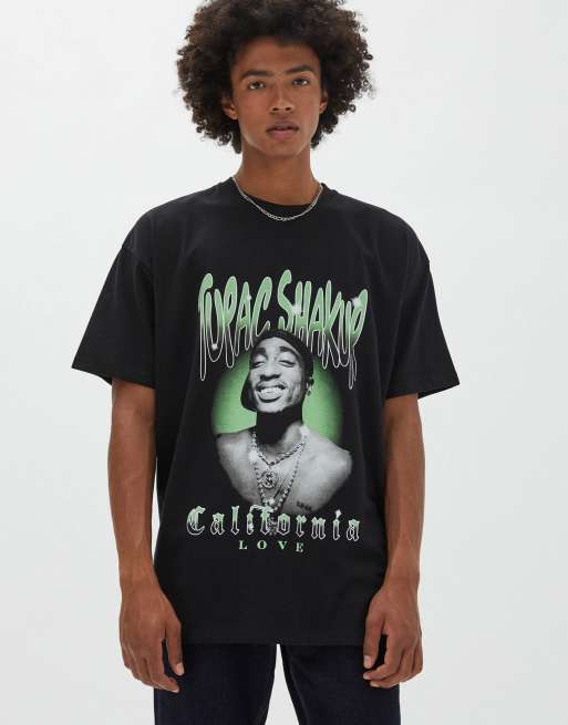 Pull&Bear - Sort T-shirt med Tupac-print