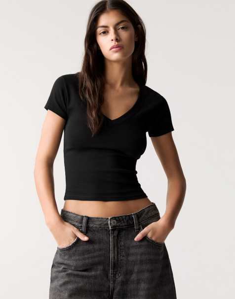 Pull&Bear - Sort T-shirt med v-hals - view 1