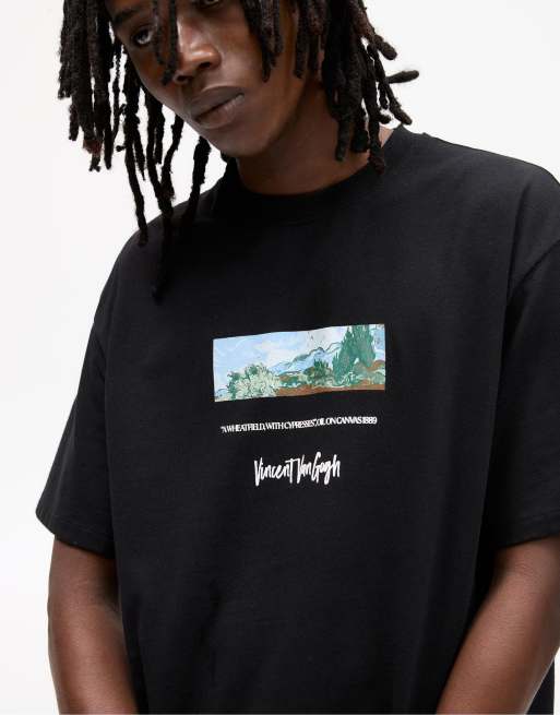 Pull&Bear - Sort T-shirt med Van Gogh-print