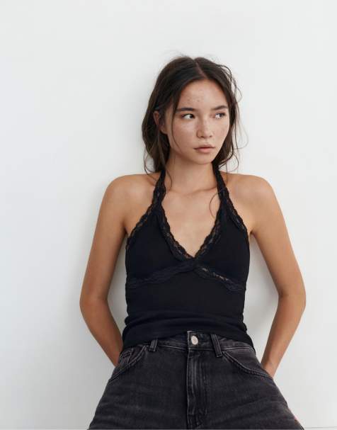 Pull&Bear - Sort top med halterneck og blondekanter - view 1