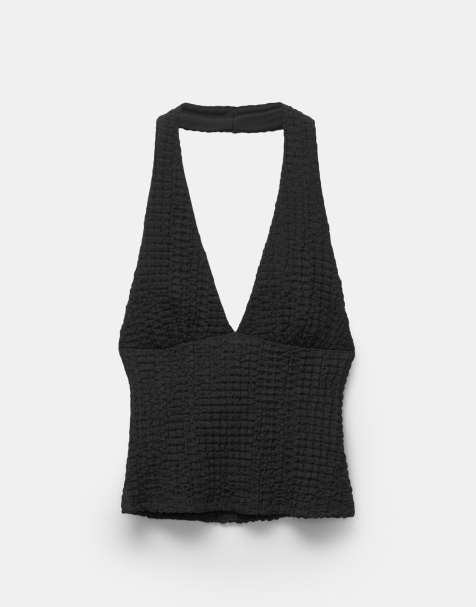 Pull&Bear - Sort top med halterneck og tekstur - view 1
