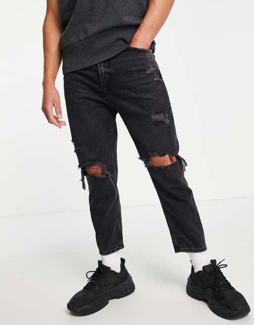 Pull&Bear - Sorte afslappede jeans med flænger