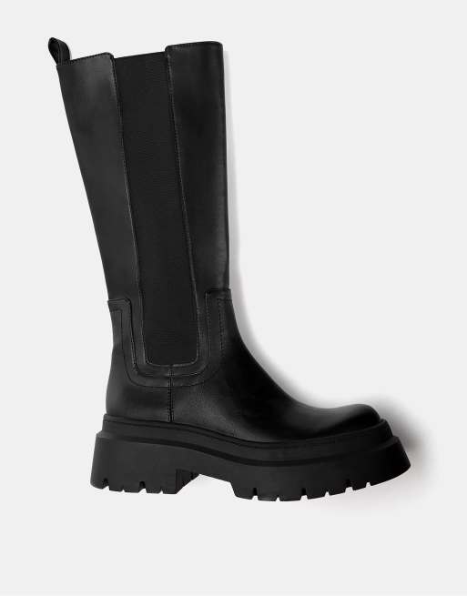 Pull&Bear - Sorte chunky knæstøvler med stretch, 2 af 4
