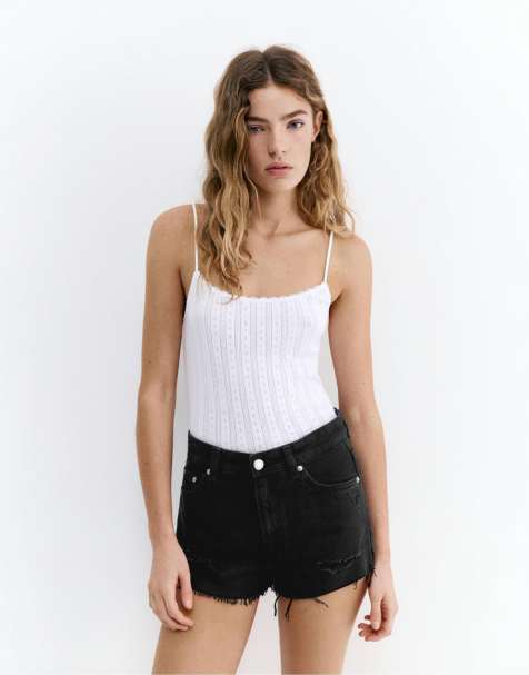 Pull&Bear - Sorte denimshorts i mom fit med flosset sømkant - view 1