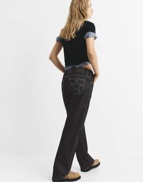 Pull&Bear - Sorte falmede jeans med stjernebroderi - view 1