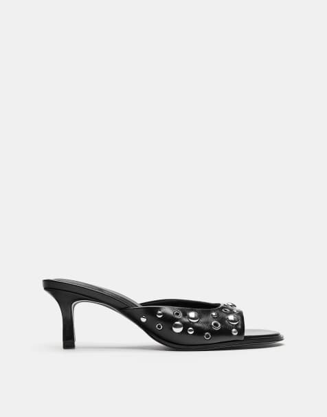 Pull&Bear - Sorte højhælede mule-sandaler med nitter - view 1