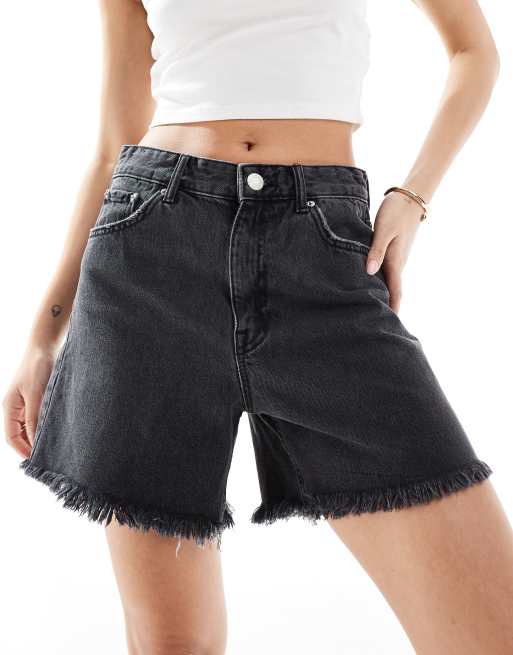 Pull&Bear - Sorte højtaljede mom-shorts i denim