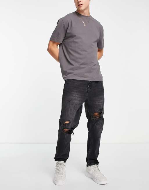 Pull&Bear - Sorte jeans i afslappet pasform med flænger