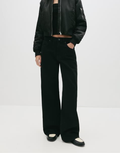 Pull&Bear - Sorte posede jeans med lige ben og rhinsten - view 1