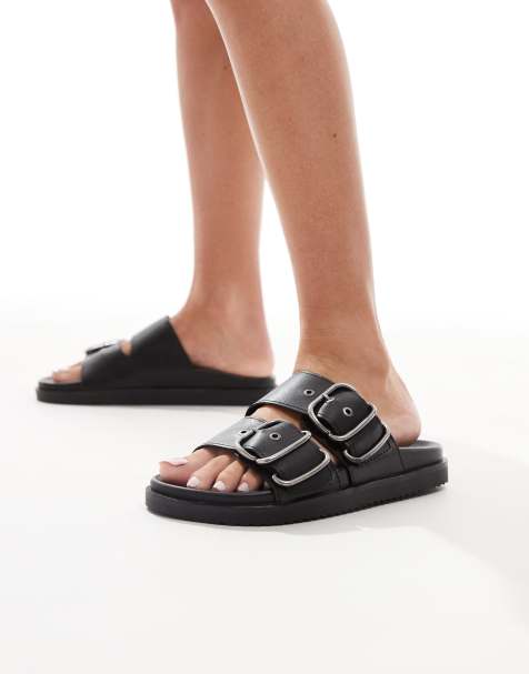 Pull&Bear - Sorte sandaler med dobbelte remme med spænder - view 1