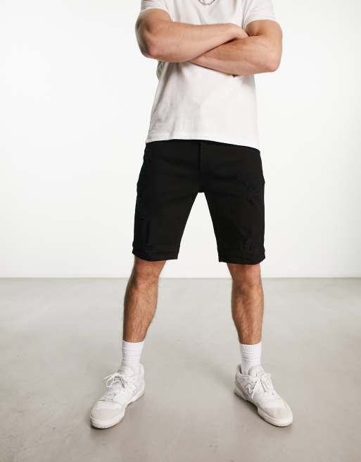 Pull&Bear - Sorte slim denimshorts med flænser