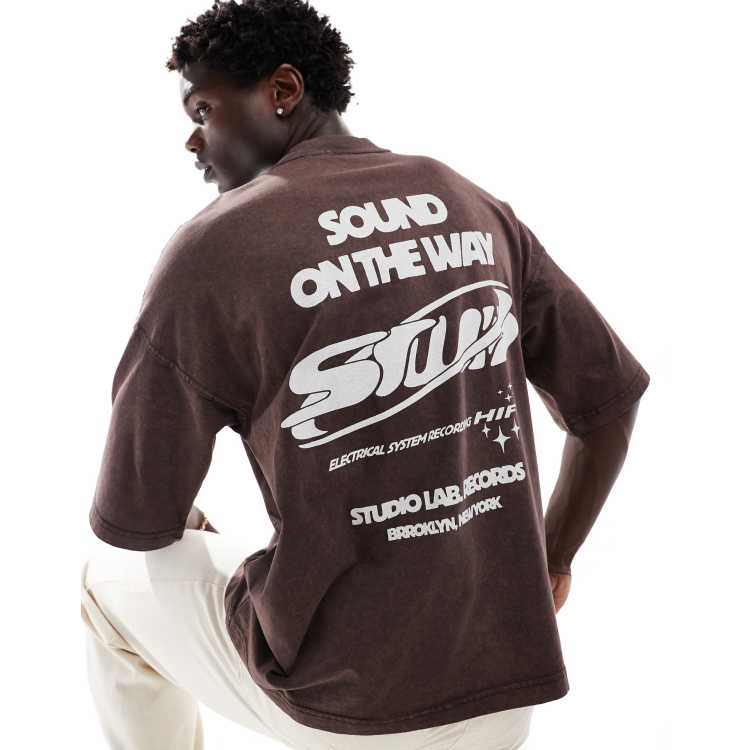 Pull&bear sound on the way STWD printed t-shirt in brown | ASOS