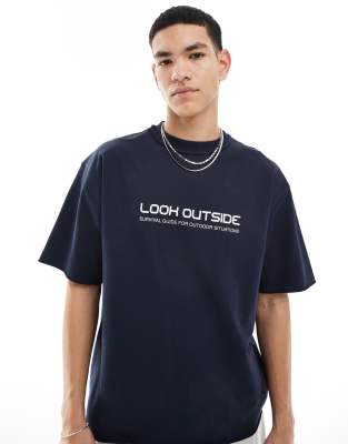Pull & Bear Space Back Graphic T-shirt In Navy