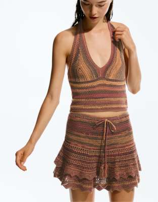 Pull & Bear Space-dye crochet top in terra cota-Orange