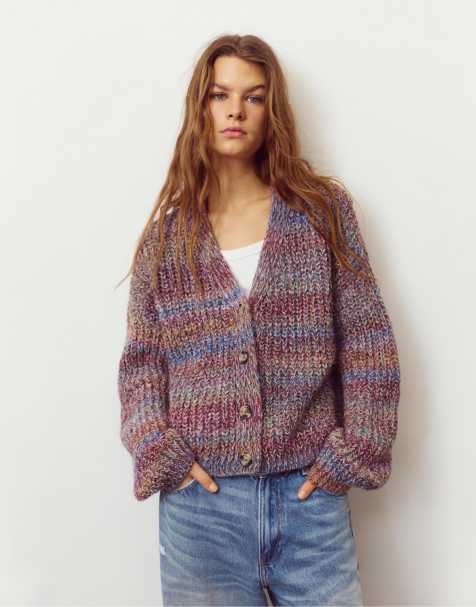 Pull&Bear Space dye purl knit cardigan in purple - view 1