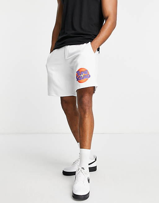 Men Pull&Bear Space Jam shorts with print in white co-ord 