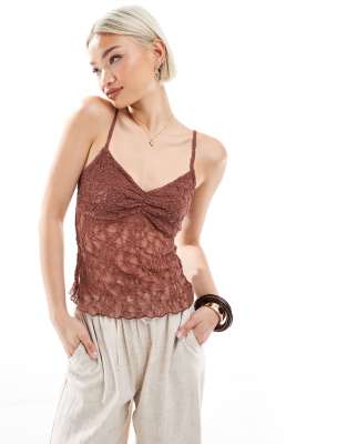 Pull & Bear - Spitzen-Camisole in gebranntem Orange mit kontrastierendem Besatz