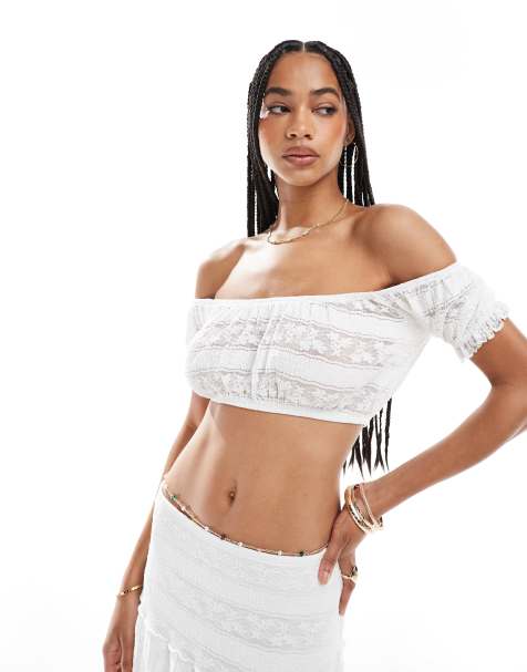 Pull&Bear – Spitzen-Oberteil in Weiß mit Carmen-Ausschnitt, Kombiteil - view 1
