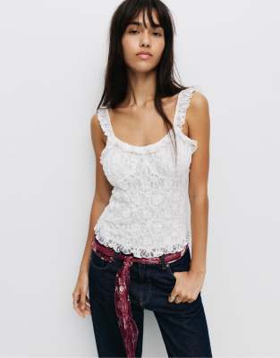 Pull & Bear - Spitzen-Trägertop in Weiß