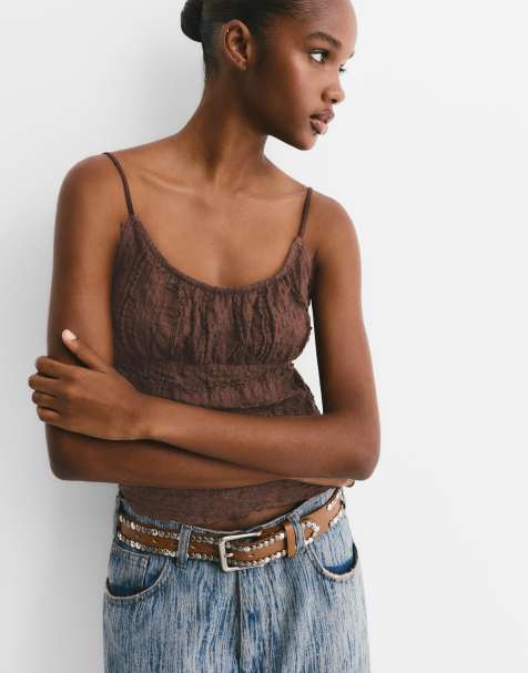Pull&Bear – Spitzenoberteil in Braun mit Trägern - view 1
