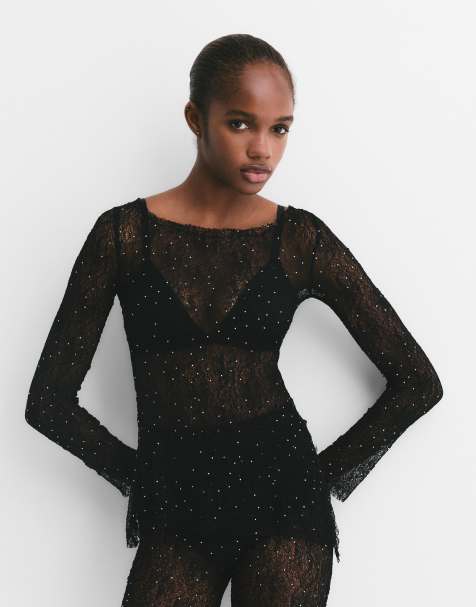 Pull&Bear – Spitzenoberteil in Schwarz mit Strassverzierung - view 1