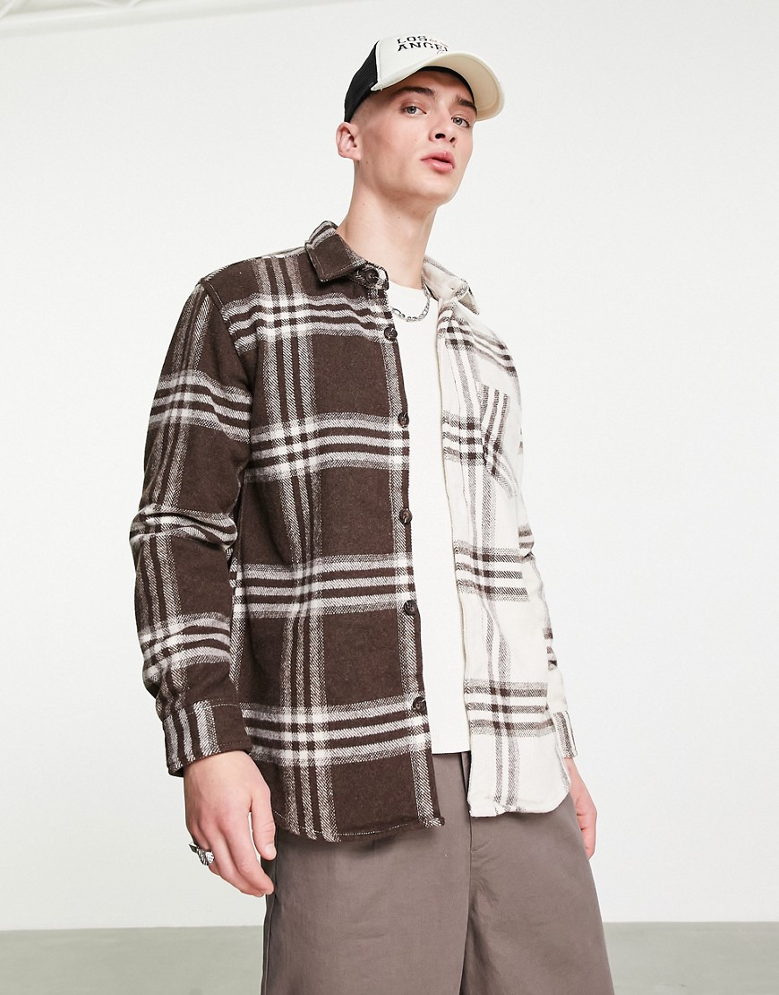 Pull & Bear spliced overshirt in brown check