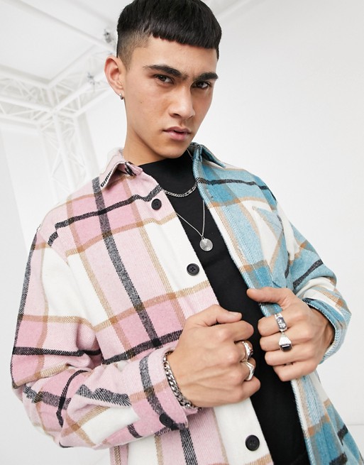 Pull&Bear spliced overshirt in pink and blue check