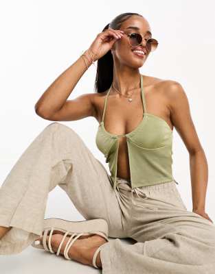 Pull & Bear Split Front Cami Top In Khaki-blue