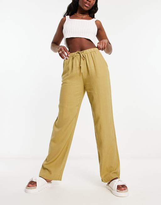 Pull&Bear – Spodnie z wysokim stanem z domieszką lnu w kolorze khaki