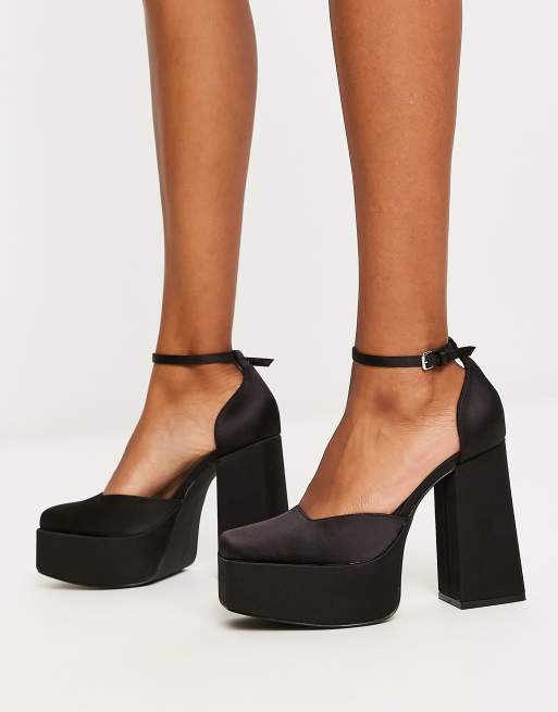 Pull&Bear square front platform heeled sandals in black, 3 of 4