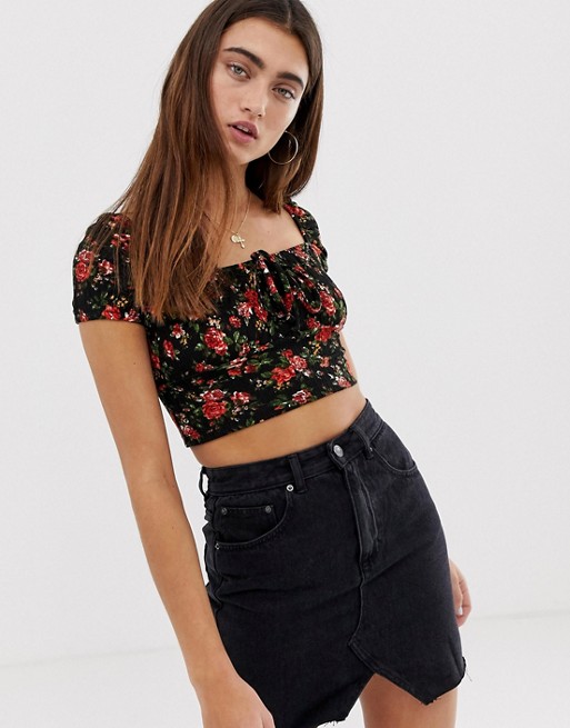 Pull&Bear square neck ditsy floral crop top in black